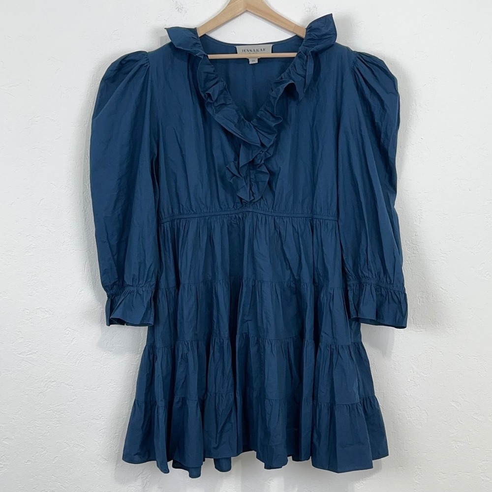 JessaKae X Food Nanny Etta Dress Sz 3X Western Boho Tiered Mini Puff Sleeve Blue